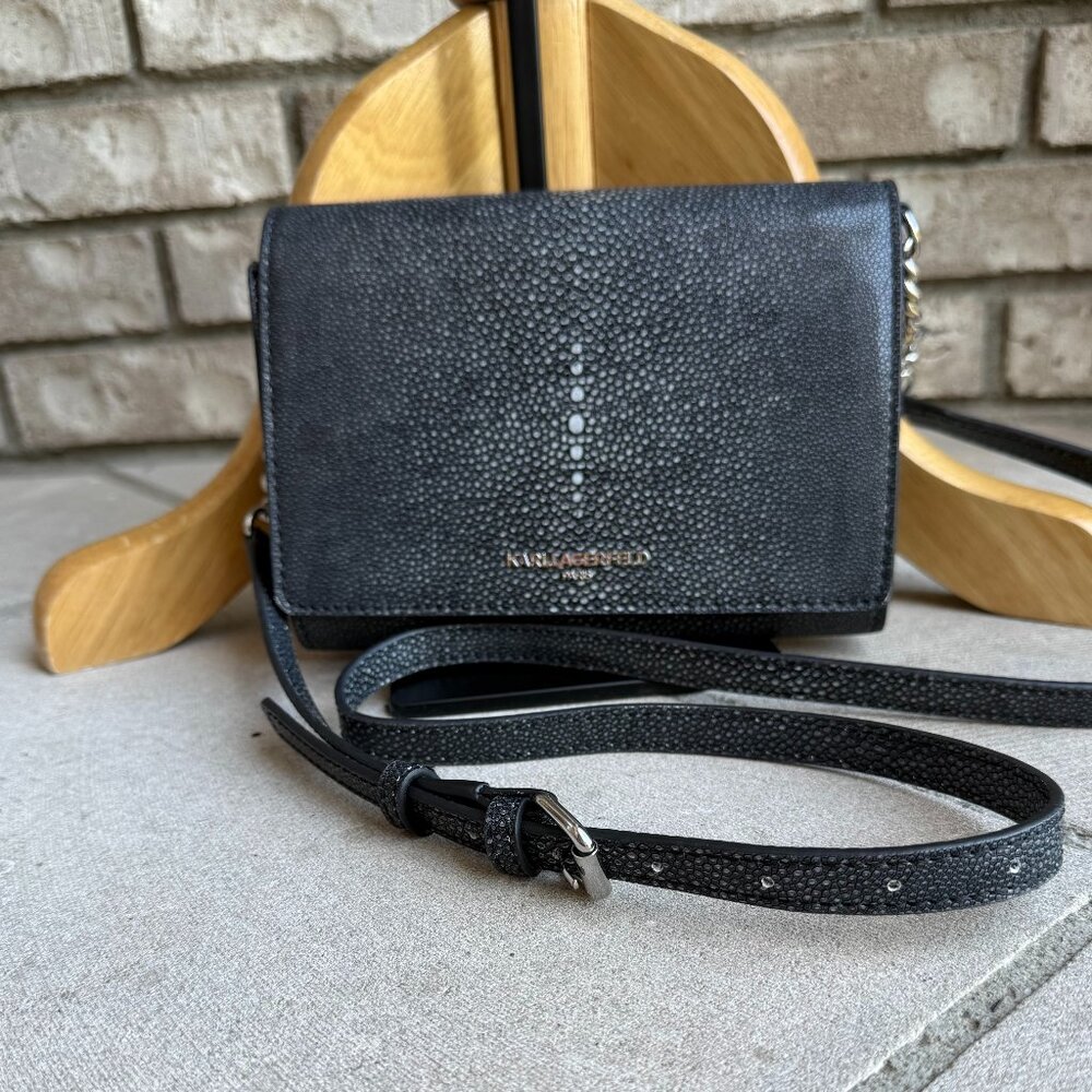 KARL LAGERFELD PARIS STRUCTURED FLAP OVER CROSSBODY CONVERTABLE CLUTCH BLACK